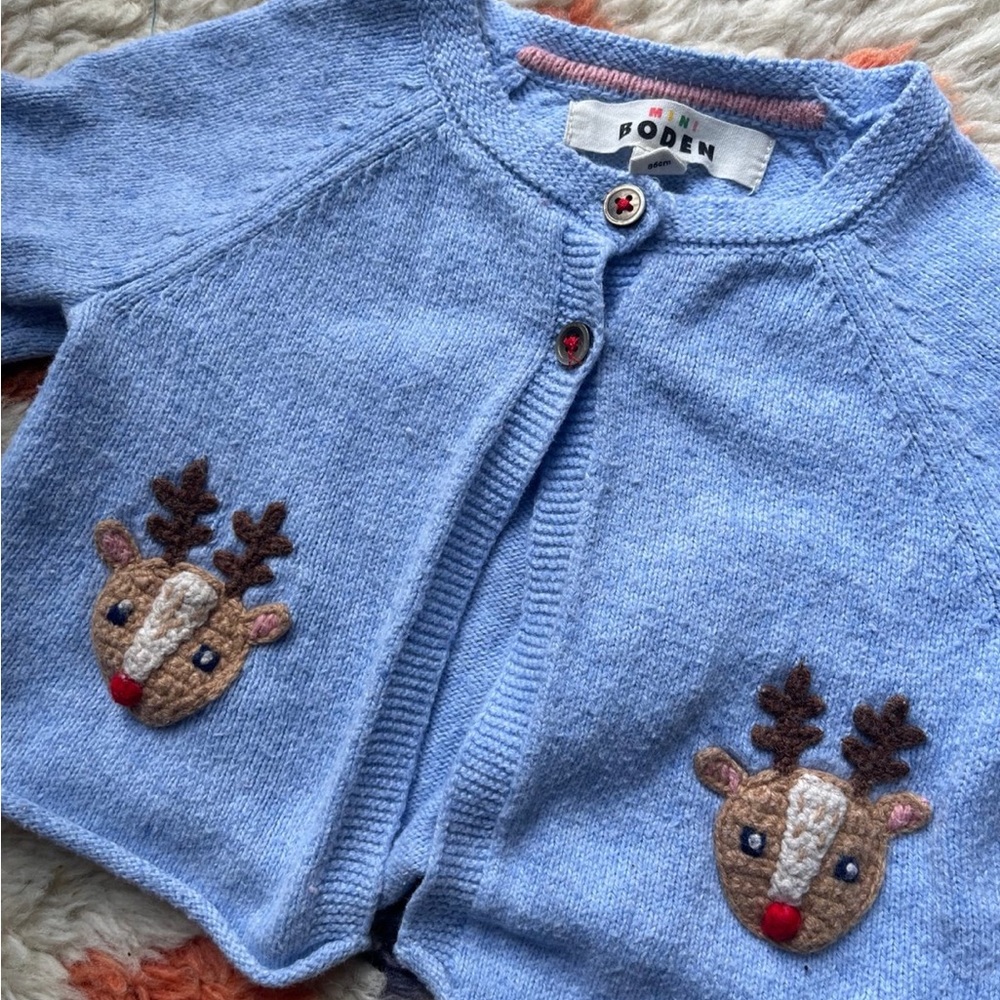 Boden Blue Reindeer Kids Cardigan 12-18M